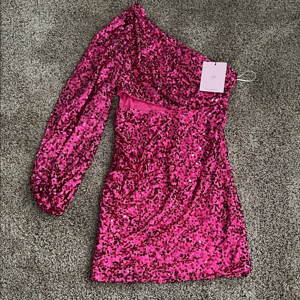 Hello Molly Fuchsia Sequin Glam Dress, size small, one shoulder with cut-out